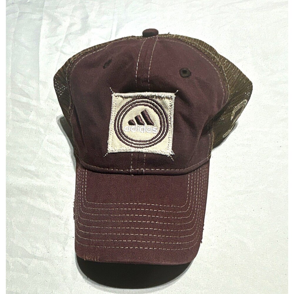Vintage Adidas Y2K Trucker Hat Brown Mesh Snapback Patch Logo Distressed OSFA